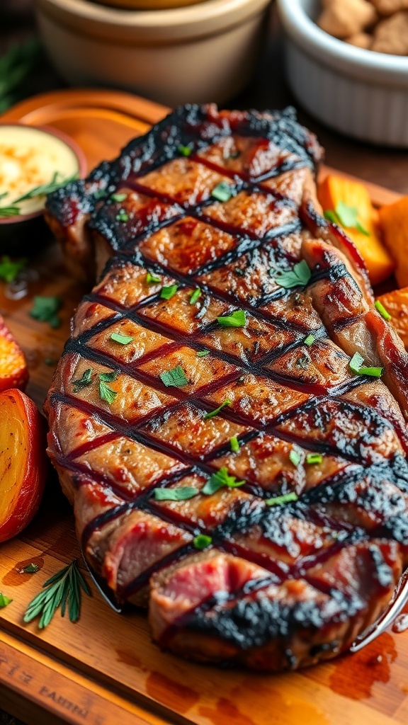 Juicy air fryer steak on a cutting board with herbs and roasted vegetables.